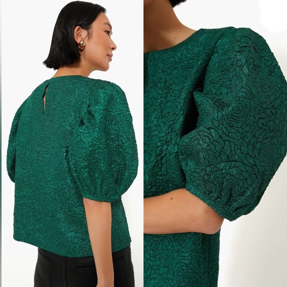 Hyacinth House NEW Green Jacquard Floral Puff Sleeve Noelle Blouse Size XS - Picture 3 of 9